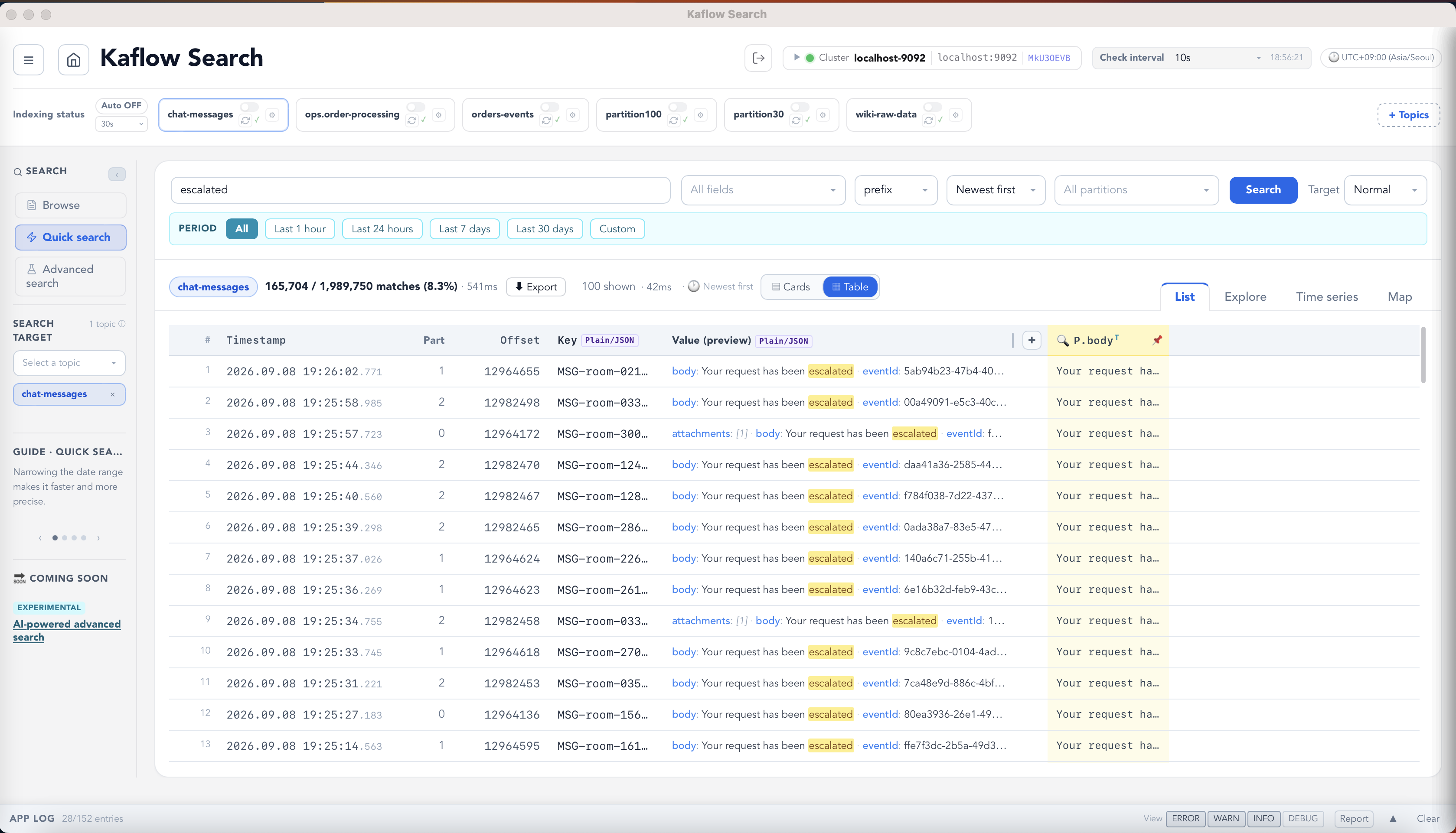 Kaflow Search quick search showing highlighted keyword matches across millions of indexed Kafka messages